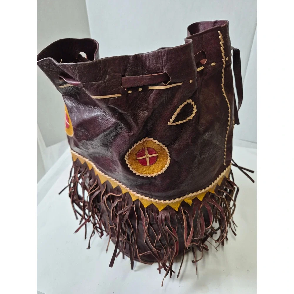Vintage Handmade Leather Fringe Medicine Bag Drawstring Pouch Burgundy Boho